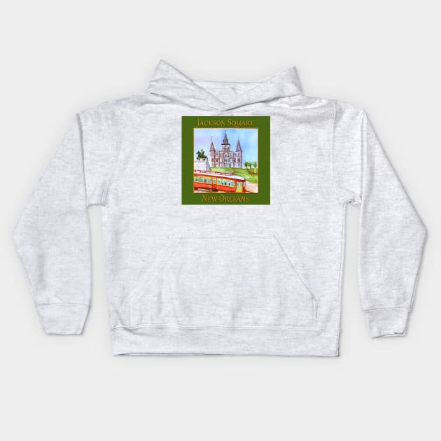 St. Louis Cathedral, and street car as seen in Jackson Square New Orleans Kids Hoodie by WelshDesigns